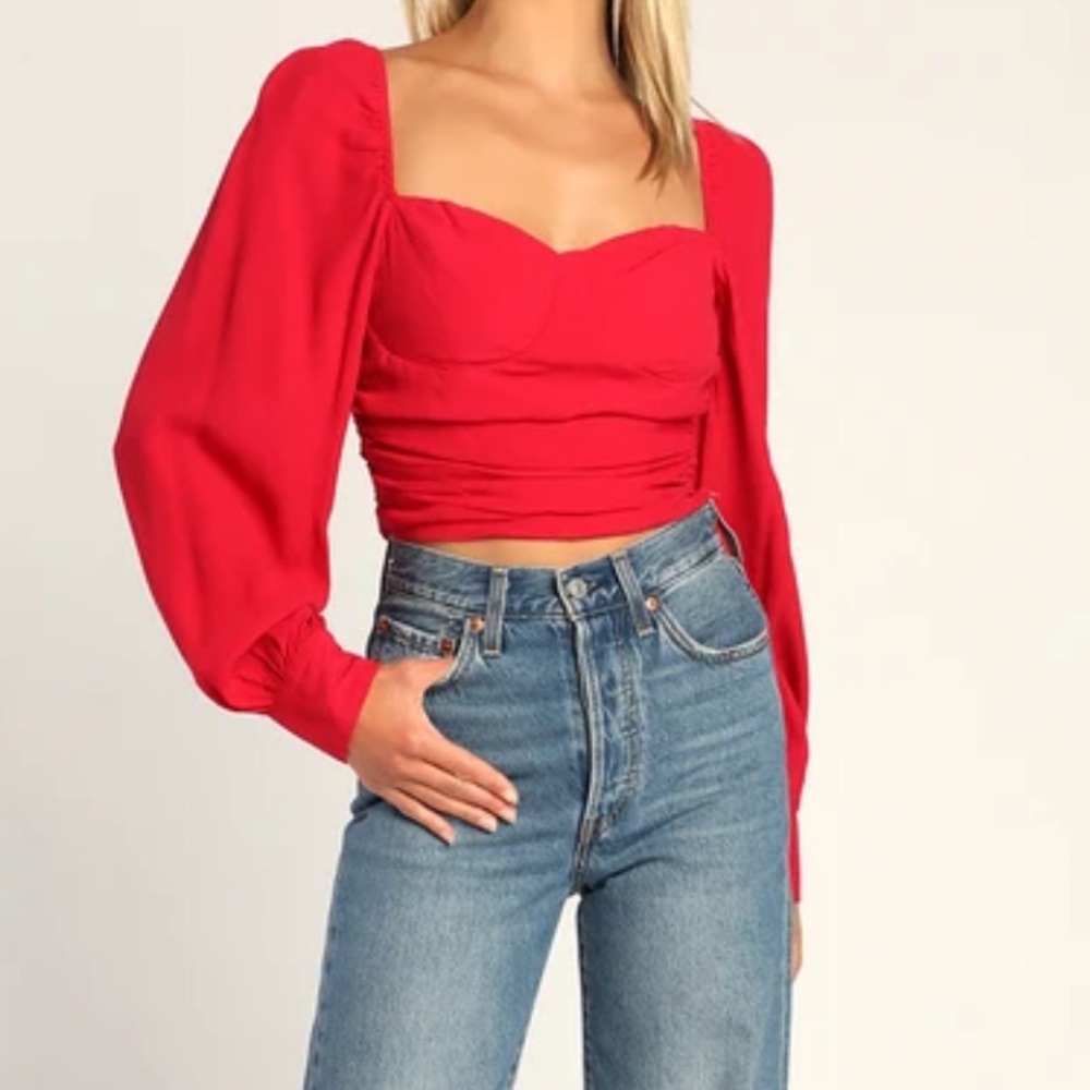 Red Women's Puff Sleeve Crop Top
